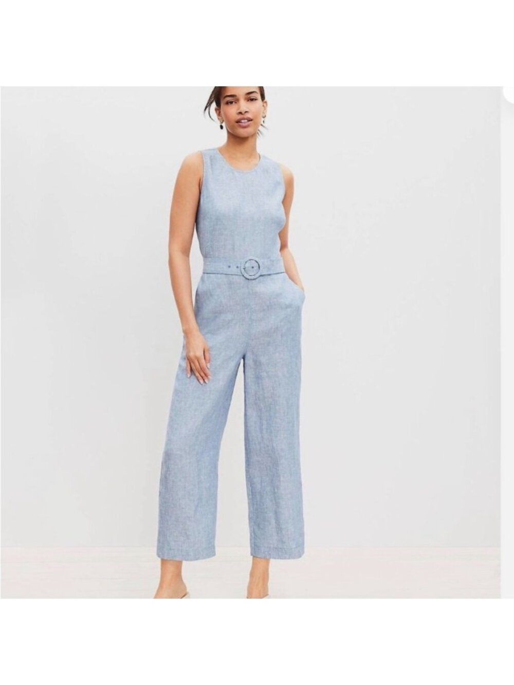 Loft Blue Sleeveless Linen Jumpsuit with Wide-Leg Cropped Pants Sz 14P
